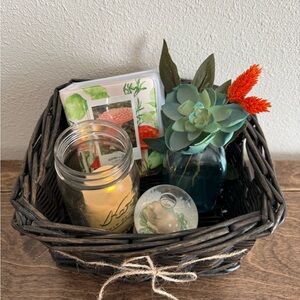Decorative Black Wicker Basket with Candle and Succulent